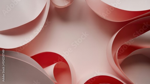 Abstract red and pink curved paper design with soft light and shadows