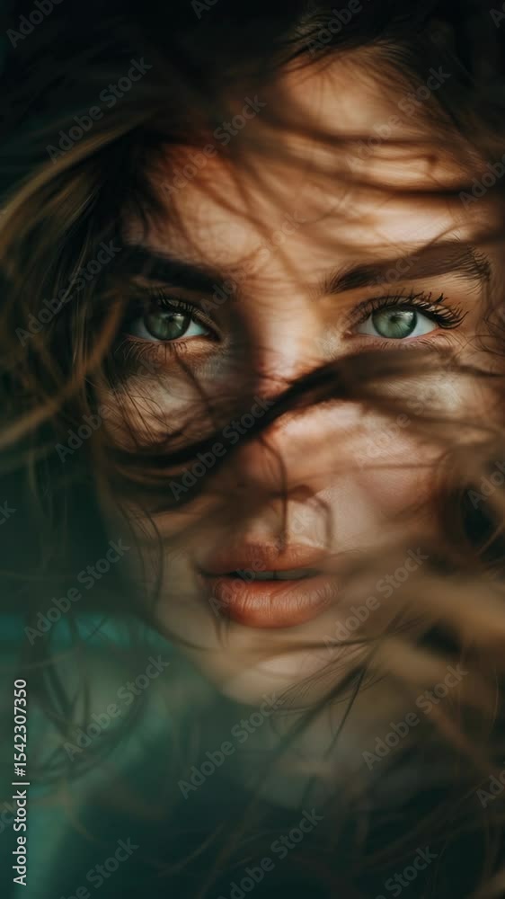 Glowing eyes and windswept hair in a mystical scene. Glowing eyes and windswept hair in a mystical scene.
