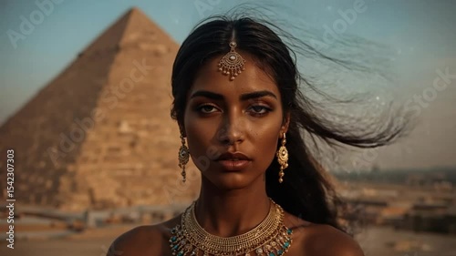 Egyptian Woman Standing Before Ancient Pyramid

