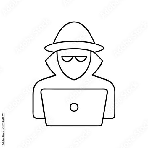 Illustration of a person wearing a hat and sunglasses, sitting at a laptop, representing online activity, digital communication, and modern technology in a minimalist style