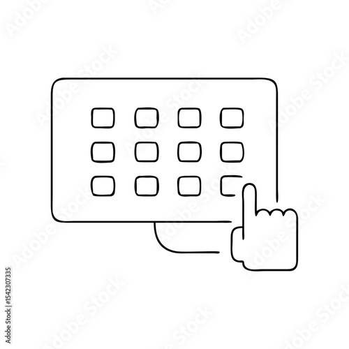 Hand pointing at a digital keyboard illustration, showcasing a modern interface design with clean lines and minimalistic style, emphasizing technology and user interaction