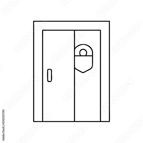 Simple line drawing of a refrigerator with an open door, showcasing interior shelves filled with various food items, emphasizing minimalistic design and functionality in kitchen space