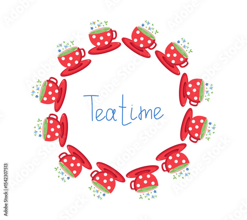 Poster, round frame. Cup floral, herbal green tea, saucer. Drink herbs leaves. Medicinal chamomile tea. Inscription, calligraphy Tea time. Vector illustration on isolated background, place for text.