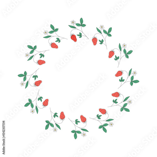 Strawberry plant, berries drawing. Round frame, background with space for text. Strawberry with leaves, flowers, doodle hand drawn illustration. Vector summer botanical natural template. Line icons.