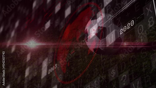 By grid shifting 3D soccer ball fading rotating in ring with sports timeline highlighting years