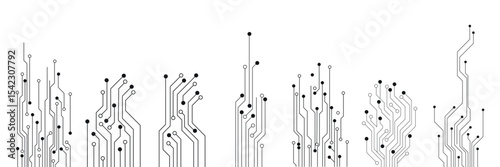 Set of printed circuit board PCB tracks silhouettes isolated on white background. Technical clipart. Dividers for design. Vector design element.