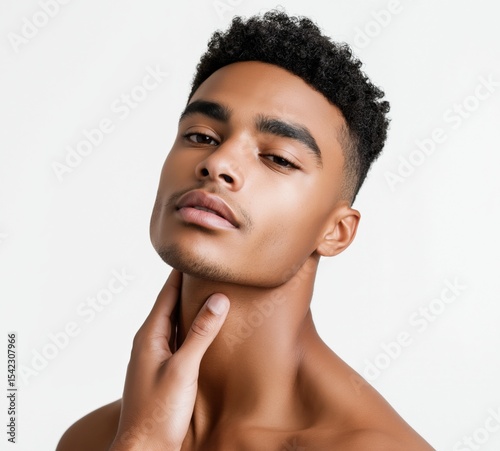 Model showcases smooth skin and confident expression in studio setting during photoshoot