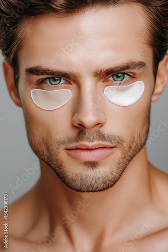 Man applying under-eye patches for skincare treatment in a professional studio setting