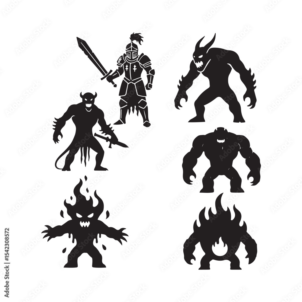 Fototapeta premium Black Silhouettes R P G Game Characters Knight Demons Fire Creatures vector icons set illustrations