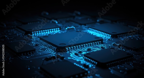 Illuminated Microprocessors in a Symmetrical Arrangement Against Dark Background