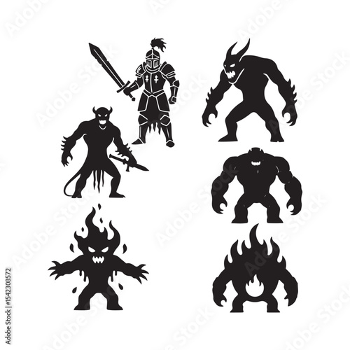 Black Silhouettes R P G Game Characters Knight Demons Fire Creatures vector icons set illustrations