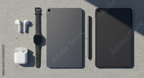 Digital Lifestyle Modern Tech Gadgets Arrangement on Concrete Surface