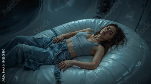 Futuristic Scene of Female Astronaut in Space Pod Rest


