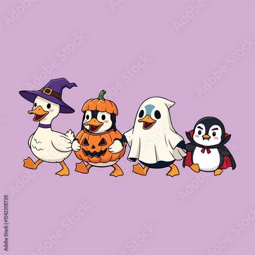 Duck and Penguins in Halloween Costumes Illustration.