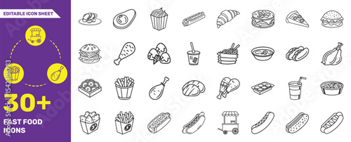 30+ Fast Food Line Icons – Snacks, Burgers, Sandwiches, Sauces, Noodles & Packaged Food Set