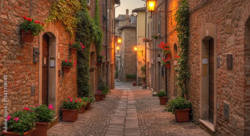 Fototapeta Picturesque Italian Village Street at Dusk with Flower Pots