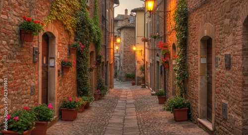 Picturesque Italian Village Street at Dusk with Flower Pots