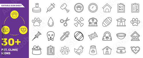 30+ Pet Clinic Line Icons – Veterinary, Animal Care, Medical Supplies, Pet Health Icon Set