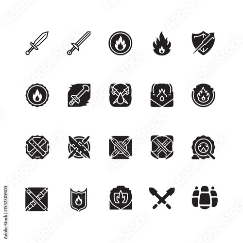 vector silhouette of R P G Game Icons Set Swords Fire Shield design illustrations