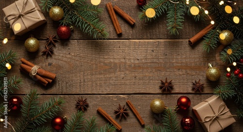 Festive Christmas Decoration On Wooden Table Background