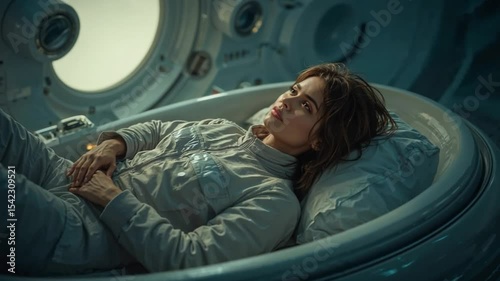 Female Astronaut Resting in Futuristic Sleeping Pod

