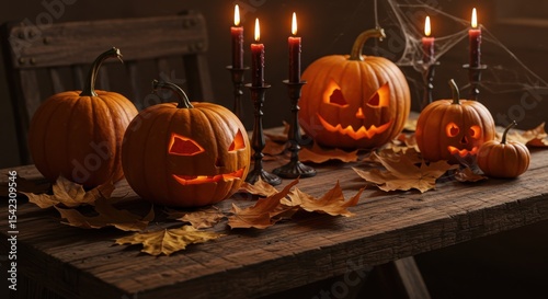 Halloween Pumpkins Illuminated by Candles on a Rustic Table