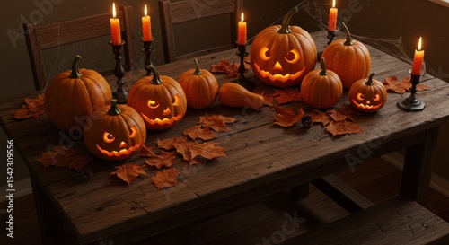 Halloween Arrangement With Pumpkins and Candles On Wooden Table