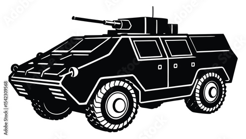 Black silhouette of a military armored car isolated on white