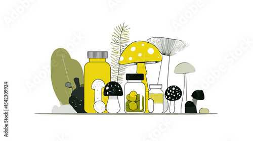 Stylized mushrooms and bottles with forest herbal supplements Nutrition and diets