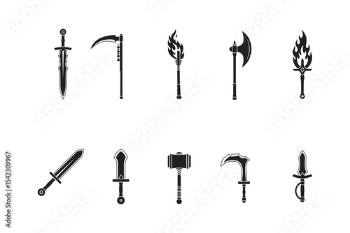 R P G Game Black Silhouette Weapon vector Icons Set Swords Axes Hammers illustrations