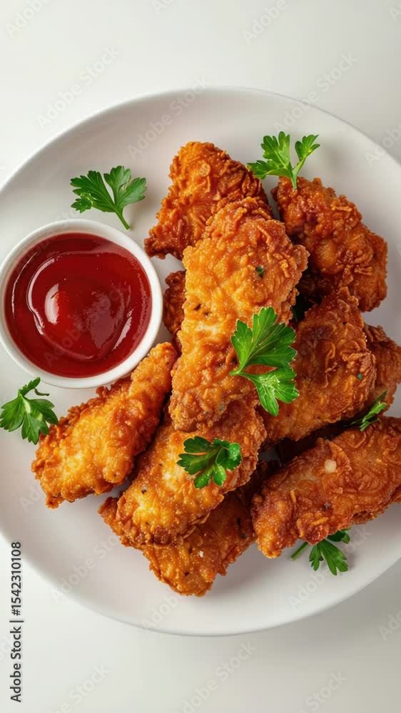 A simple meal setup with crispy chicken nuggets on a white plate accompanied by a small bowl of ketchup A simple meal setup with crispy chicken nuggets on a white plate accompanied by a small bowl of ketchup