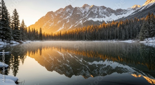 Lake Reflection of Snowy Mountains and Forest Scenery