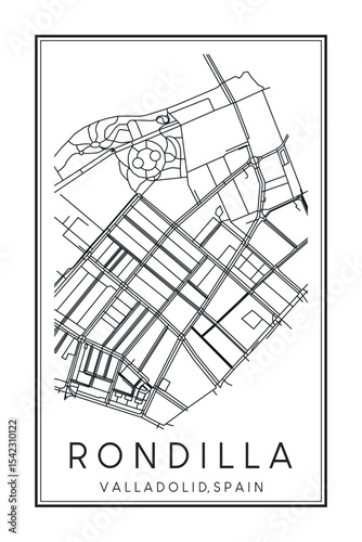 Hand drawn printable downtown road map poster of district RONDILLA of the Spanish city of VALLADOLID on solid white background with city name