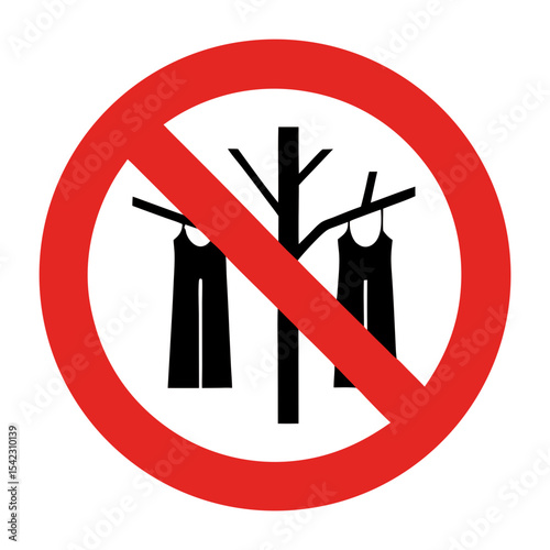 Icon Prohibiting Hanging Clothes on Trees in a Circular Red Sign for Environmental Awareness, Urban Living Guidelines, and Community Etiquette  