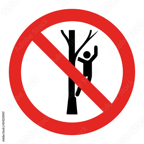 No Climbing Trees Icon in Red Circle for Safety Campaigns, Environmental Awareness, Outdoor Regulations, and Public Signage  