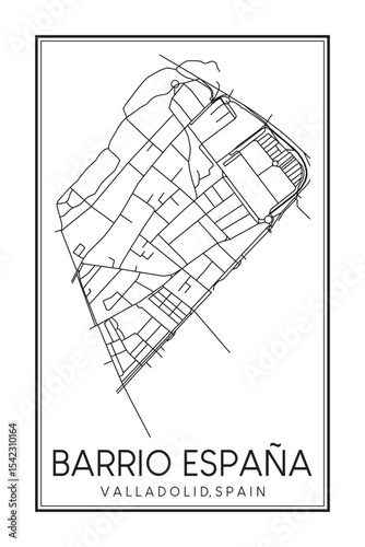 Hand drawn printable downtown road map poster of district BARRIO ESPAÑA of the Spanish city of VALLADOLID on solid white background with city name