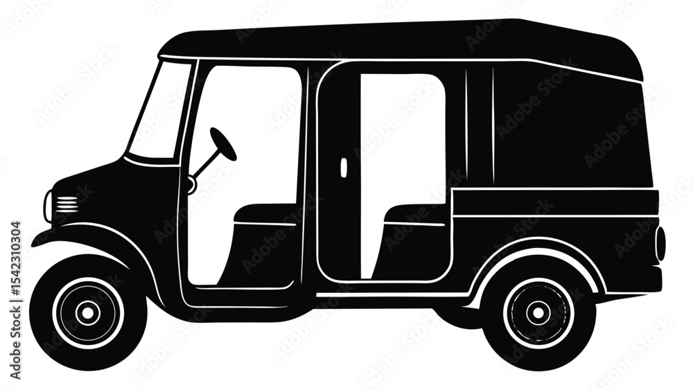 Fototapeta premium A black silhouette of a threewheeled auto rickshaw isolated on white background