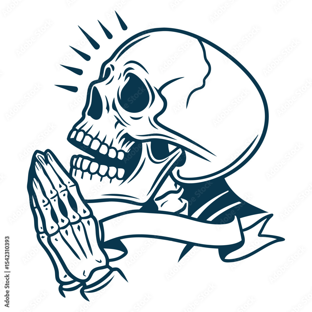 Vintage old school tattoo style skull with clasped hands in prayer pose, featuring bold black outlines and solid shading, complemented by blank ribbon banner for custom text or design.