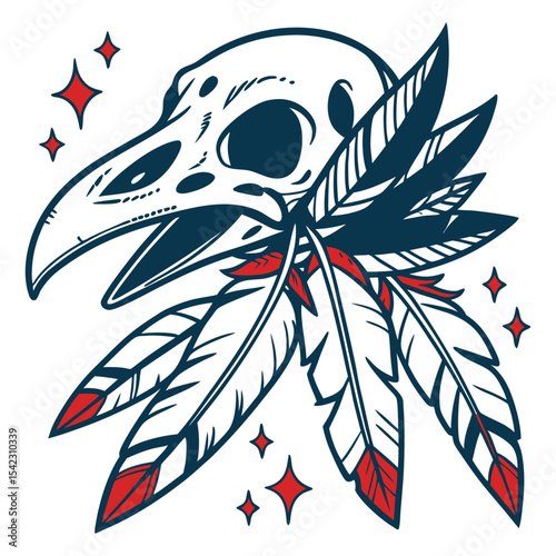 Vintage inspired crow skull vector drawing, featuring detailed feather texture and bold monochrome linework, designed in classic old school tattoo style with strong outlines and solid fills. photo