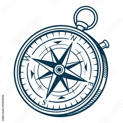 Vintage monochrome compass vector featuring cardinal points, bold outlines, and retro sketch style, suitable for nautical themed old school tattoo designs and vintage graphic projects.