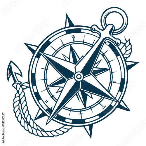 Vintage compass rose intertwined with nautical rope, rendered in old school tattoo style using bold outlines and solid fills, emphasizing maritime exploration and nautical design elements.