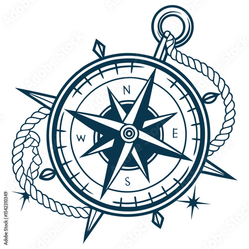 Vintage compass rose intertwined with nautical rope, rendered in old school tattoo style using bold outlines and solid fills, emphasizing maritime exploration and nautical design elements.
