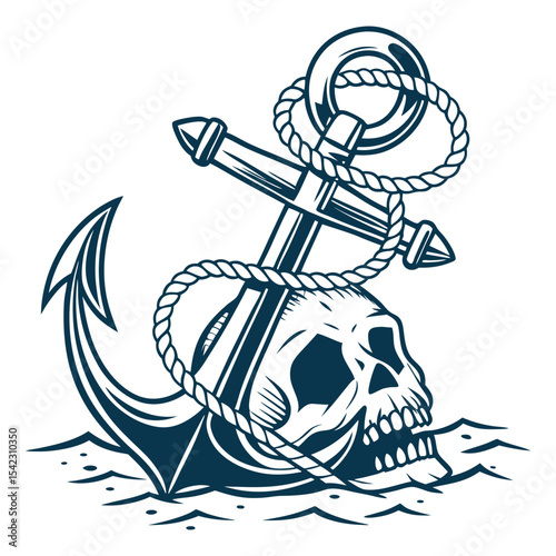 Vintage nautical tattoo design showing weathered anchor wrapped around skull, emphasizing maritime heritage and rebellious sailor culture with bold lines and classic old school style.