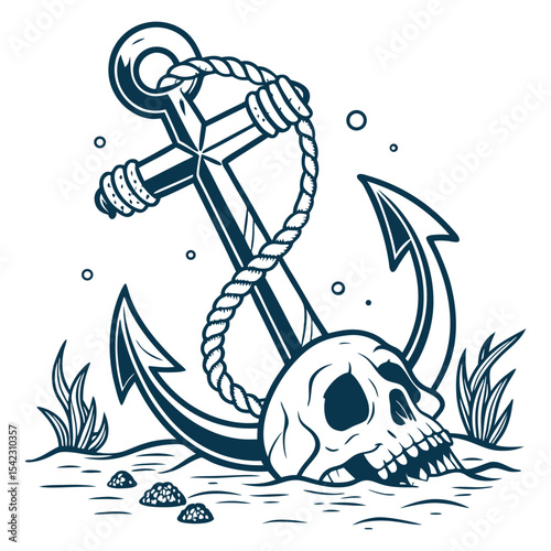 Vintage nautical tattoo design showing weathered anchor wrapped around skull, emphasizing maritime heritage and rebellious sailor culture with bold lines and classic old school style.