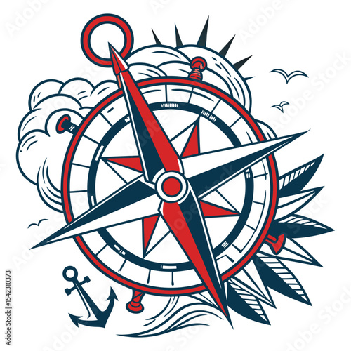 Vintage compass rose intertwined with nautical rope, rendered in old school tattoo style using bold outlines and solid fills, emphasizing maritime exploration and nautical design elements.