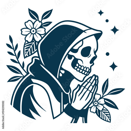 Skeletal figure wearing hoodie in praying pose, rendered in vintage old school tattoo style with bold outlines and solid fills, including blank banner for text or customization.