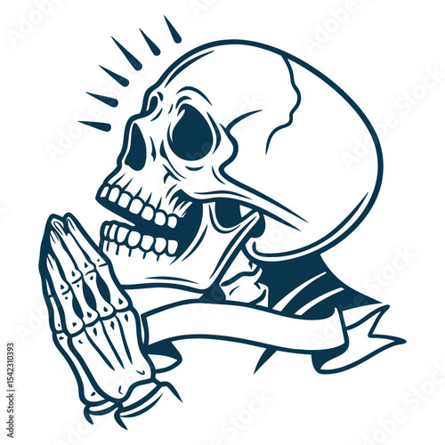 Vintage old school tattoo style skull with clasped hands in prayer pose, featuring bold black outlines and solid shading, complemented by blank ribbon banner for custom text or design.