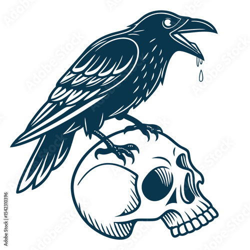Classic old school tattoo style crow perched on skull, featuring bold lines and solid black shading, emphasizing themes of mortality and mystery in vintage design. photo