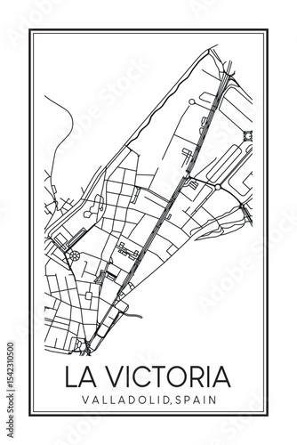 Hand drawn printable downtown road map poster of district LA VICTORIA of the Spanish city of VALLADOLID on solid white background with city name