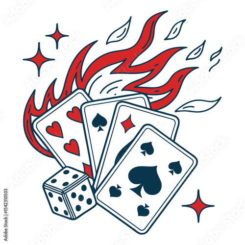 Old school tattoo style red flames surrounding playing cards and dice, featuring bold lines and vintage composition, evoking gambling and chance themes in classic retro design